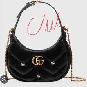 Gucci Marmont Half Moon Black Velvet Crossbody Bag with Gold Chain